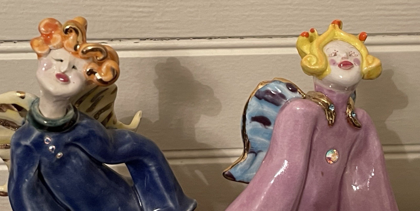 Pair Y2K 2 Studio Pottery Whimsical Folk Art 6” Pink & Blue Angels Signed RA 00