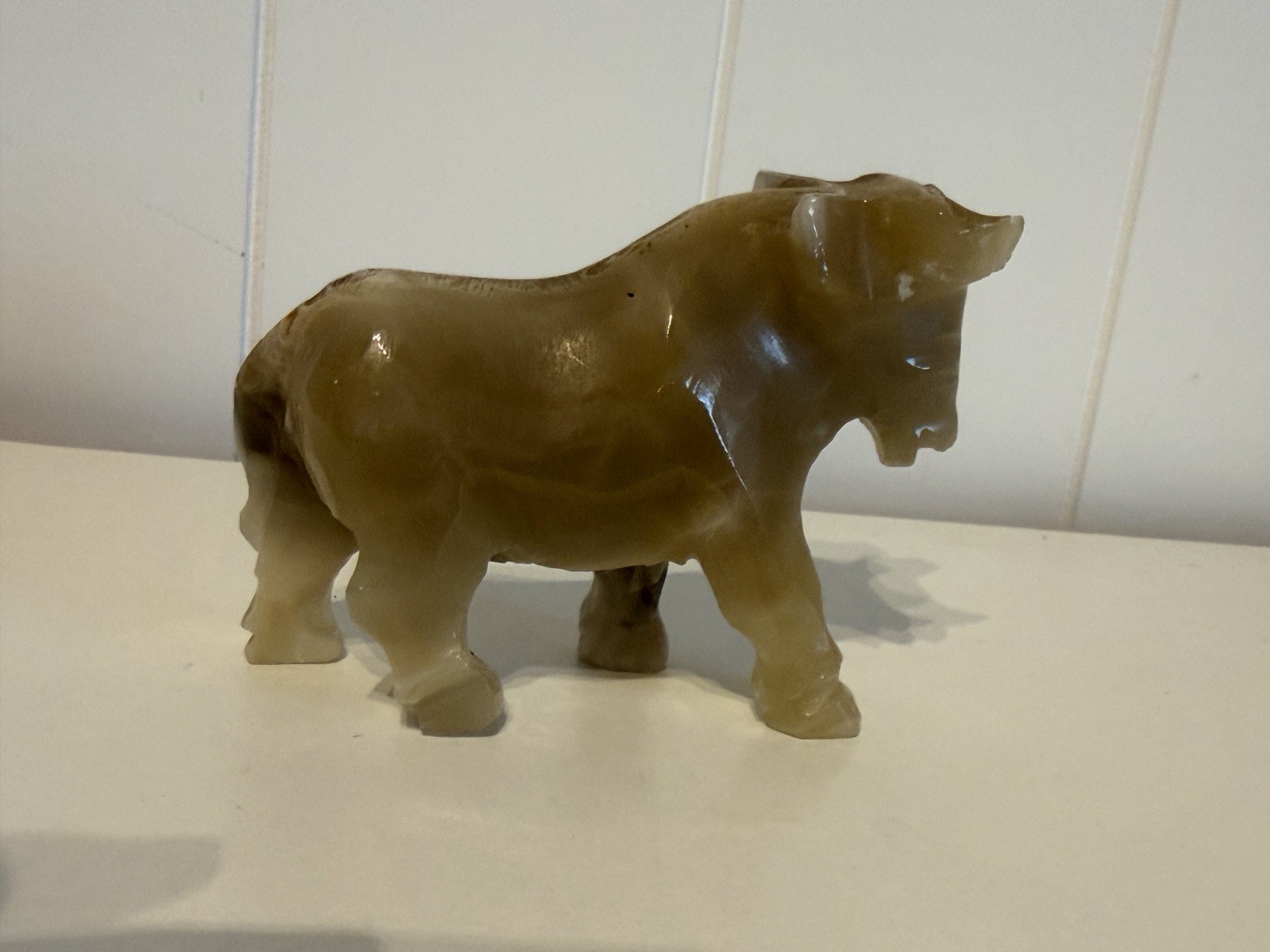 Vintage Hand Carved Onyx Marble Bull Cow Figurine Statue Stone Sculpture