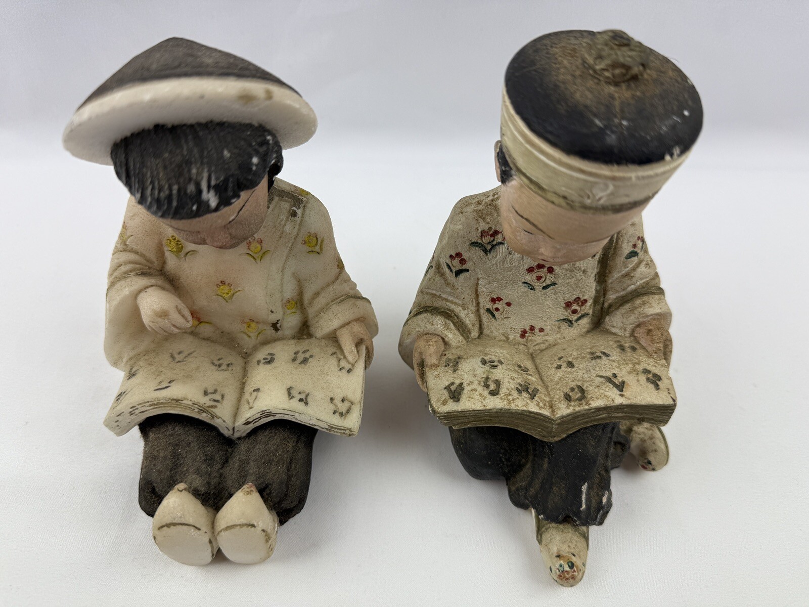 Vintage Pair of Asian Girl & Boy Reading a Book Chalk Ware Figures
