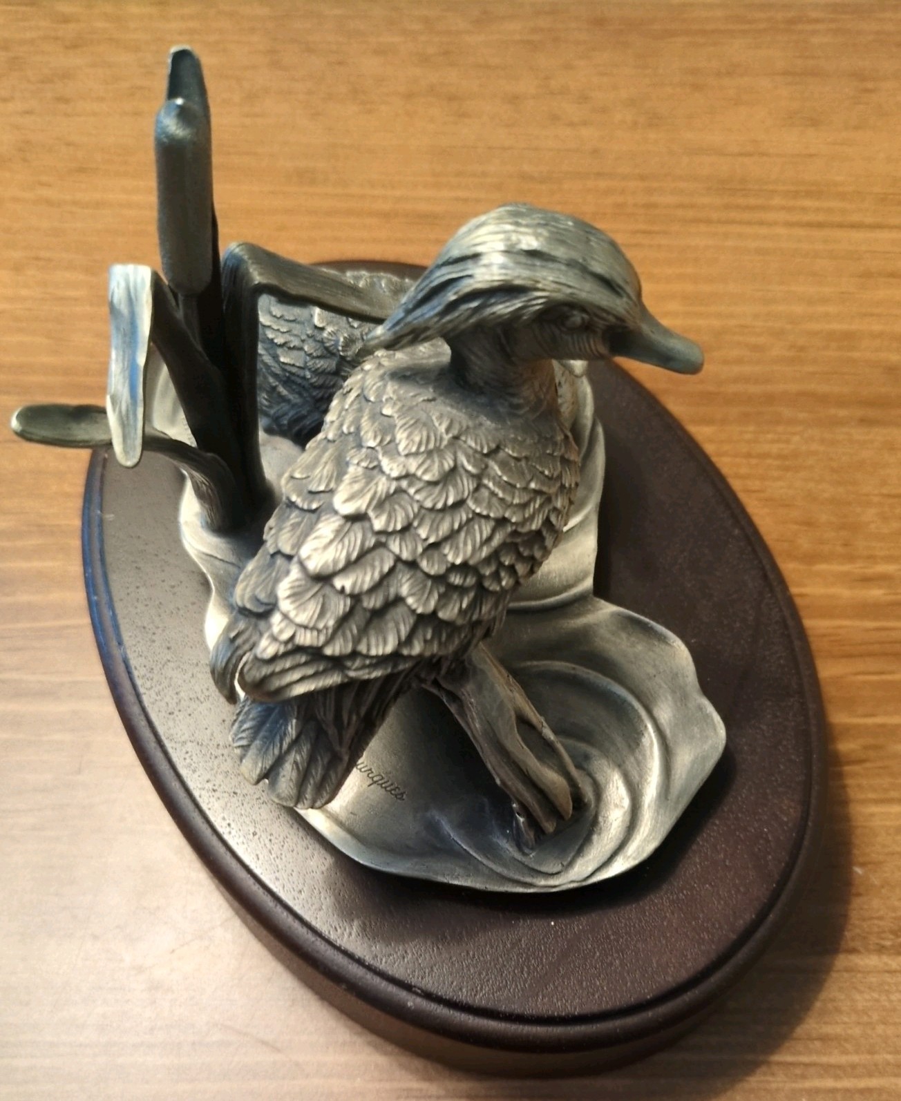 Vintage 1976 Fine Pewter Duck Sculpture by Lance Burgues Solid Wood Base 7x 5.5