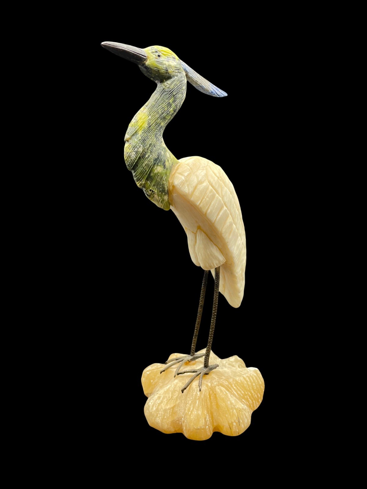 Carved Stone Crane Figurine Five Different Types Of Stone Metal Legs 7”x3.5”x3”