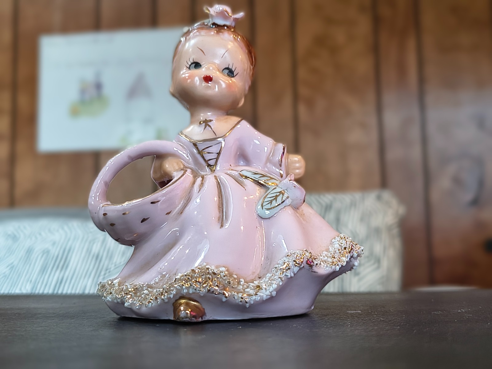 VTG Ucagco Pink Girl Figure w Ponytail Basket Figurine Spaghetti Gold Trim Dress