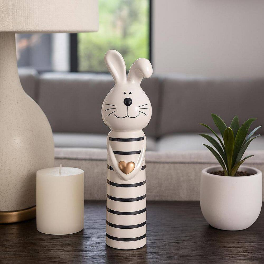 Black and White 3 In. X 10 In. Ceramic Striped Bunny with Gold Heart Figurine