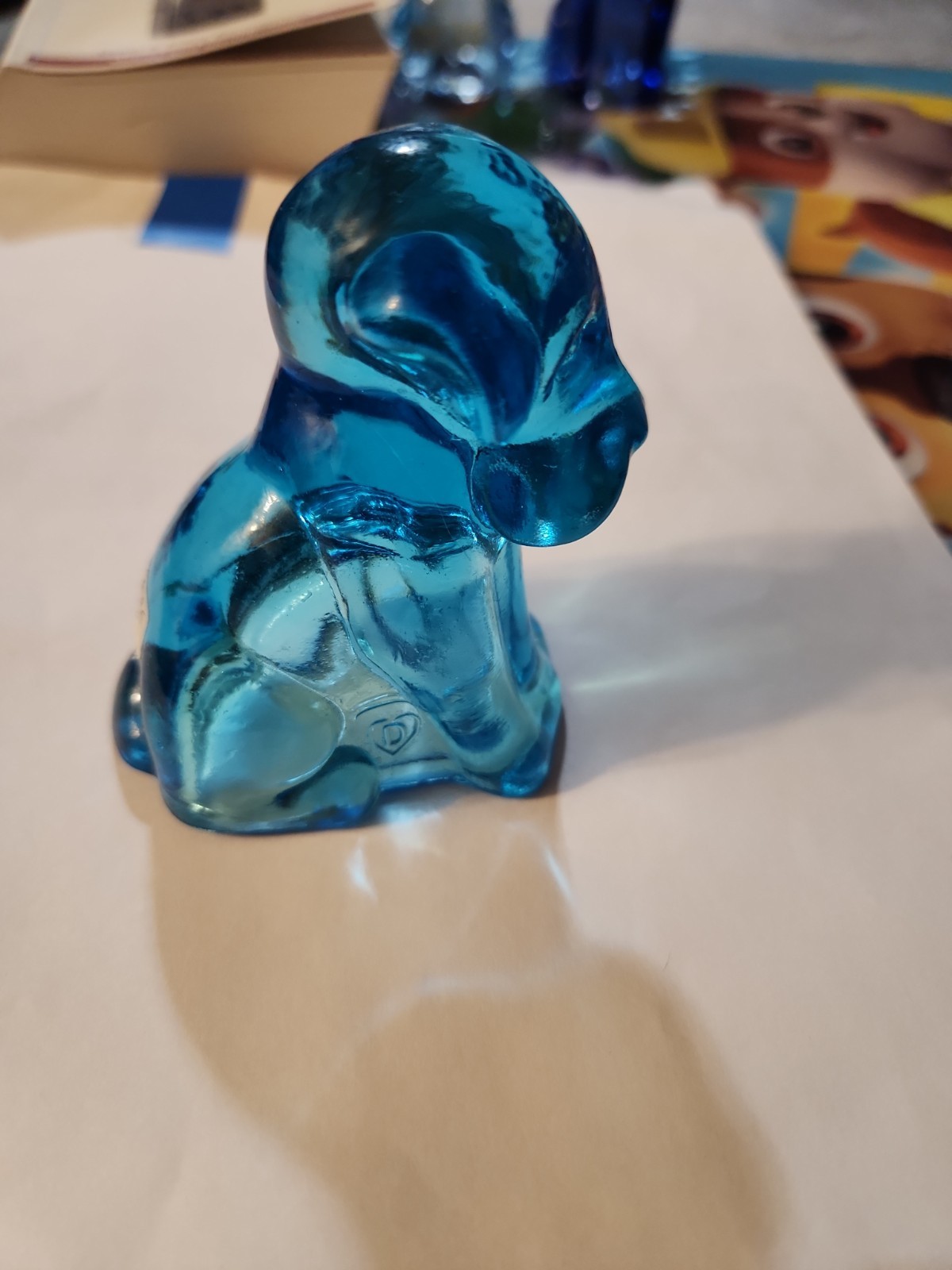 Uranium Pooch Dog Degenhart Sapphire Blue Glass UV reactive green Glow Marked D