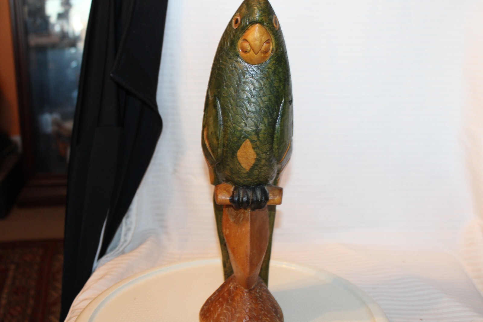 Wooden Colorful Hand Carved & Hand Painted Parrot on Perch 13.75″ Tall