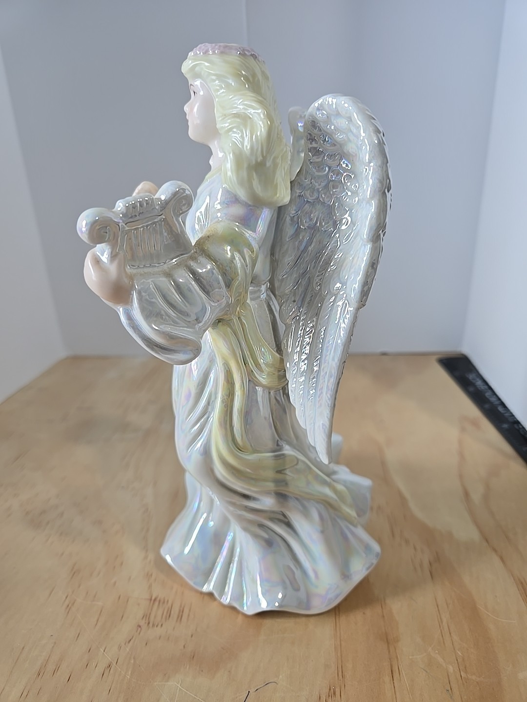 Lovely Porcelain Angel Figurine With Harp Stands 8.5 Inches Tall