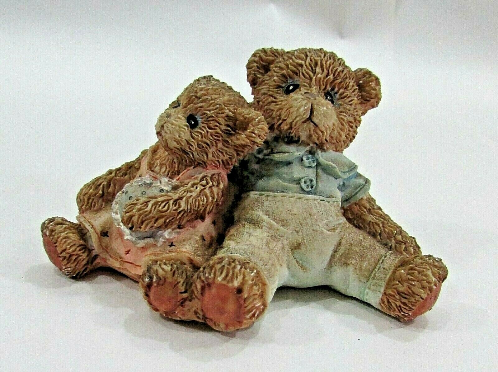 Vintage 1990s 2″ Tall 6 oz Hand Painted Sand Cast Figurine 2 Sitting Teddy Bears