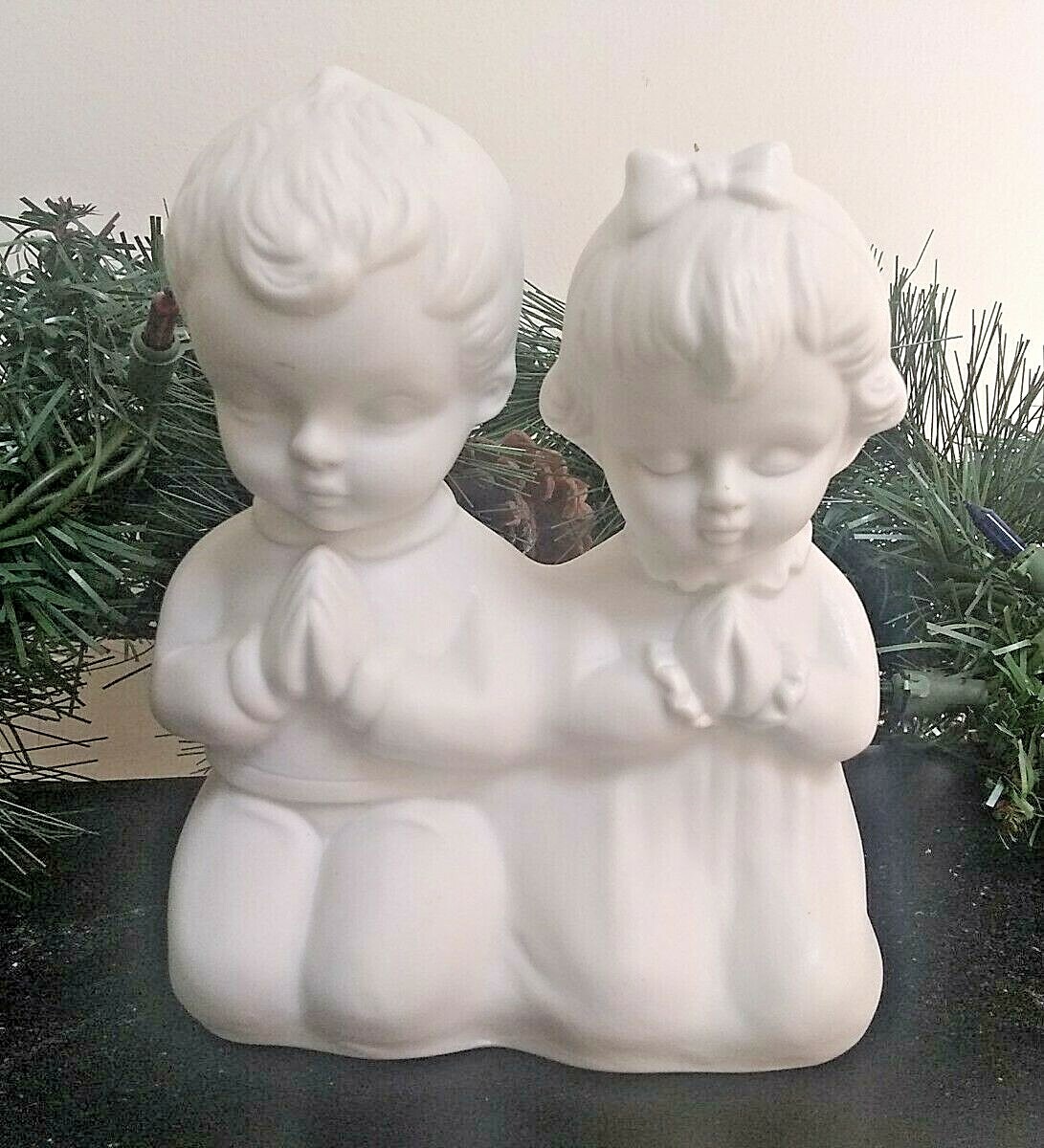 Lefton Praying Girl Boy Figurine Night Light Shade White Bisque Unpainted Vtg 6″