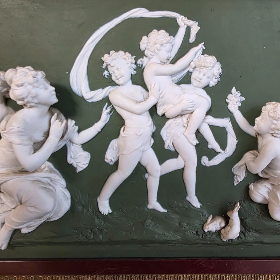 Superb Green Jasperware Plaque Maiden Children Rabbit Scenic High Relief German