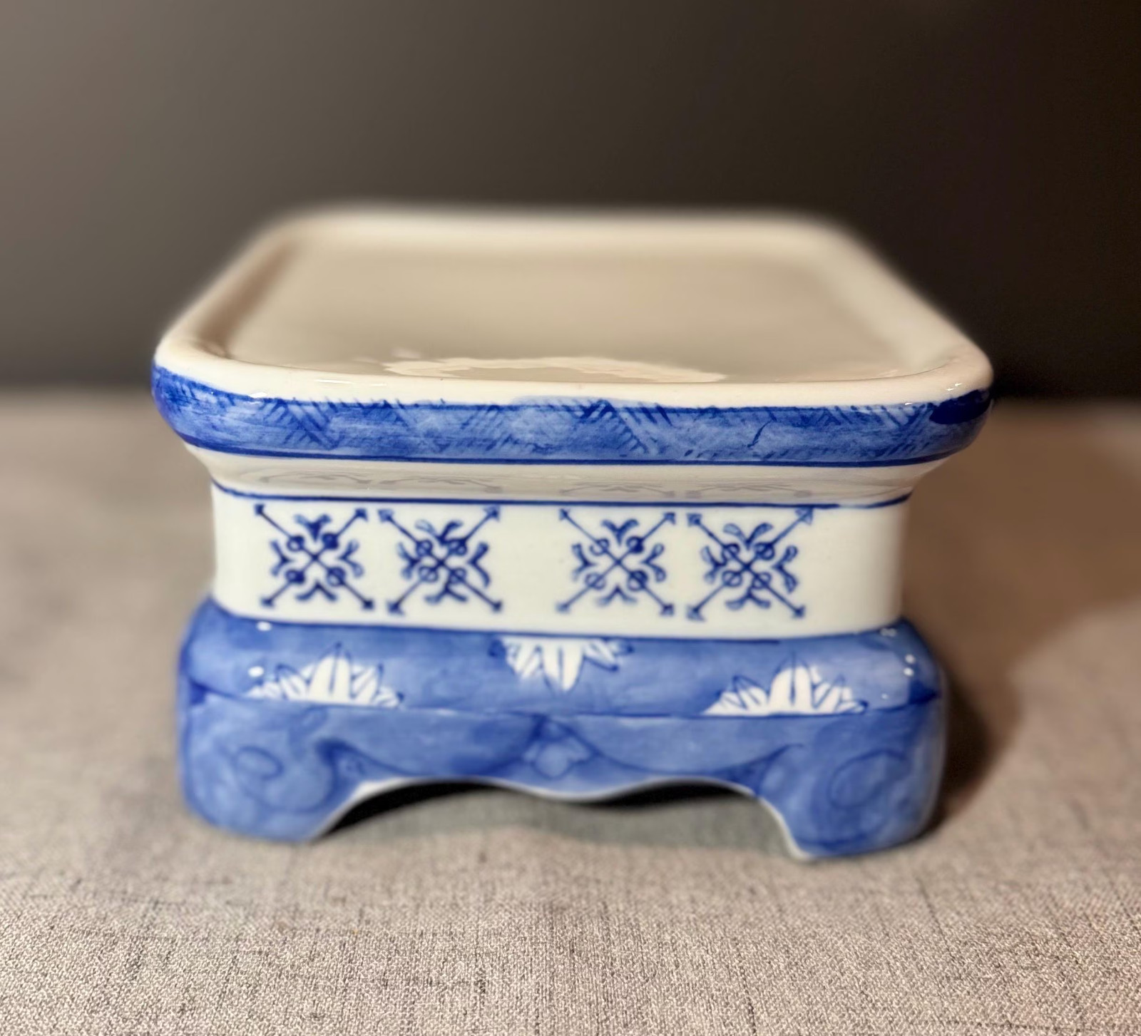 Ceramic Porcelain handpainted square pedestal stand- blue white vintage