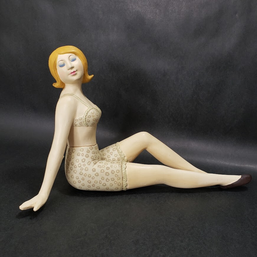 Art Deco Carved Wood Lady Sculpture 1940s Bathing Beauty Woman Figure 13″ L