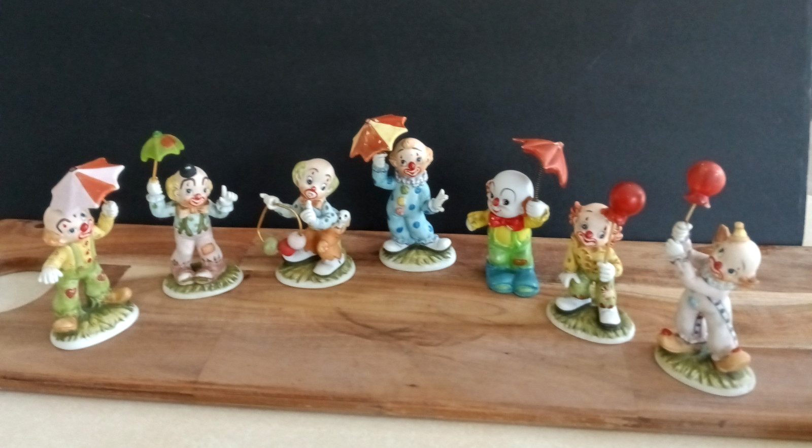 Vintage Porcelain Clown Figurine Lot 7 Hand Painted Umbrellas Balloons Taiwan