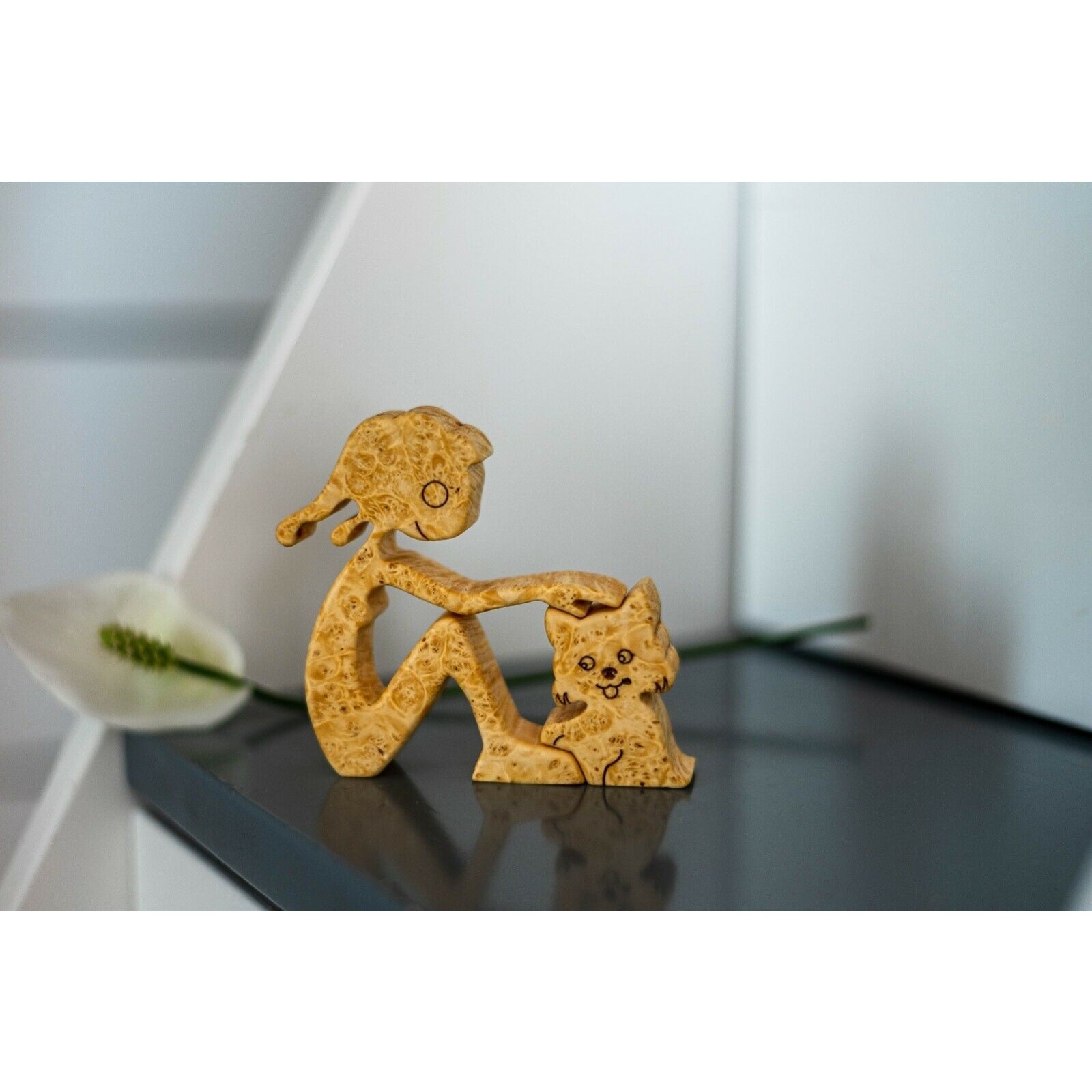 Handmade Carved Maple Burl Wood Cat and Owner Figurine Unique Home Decor