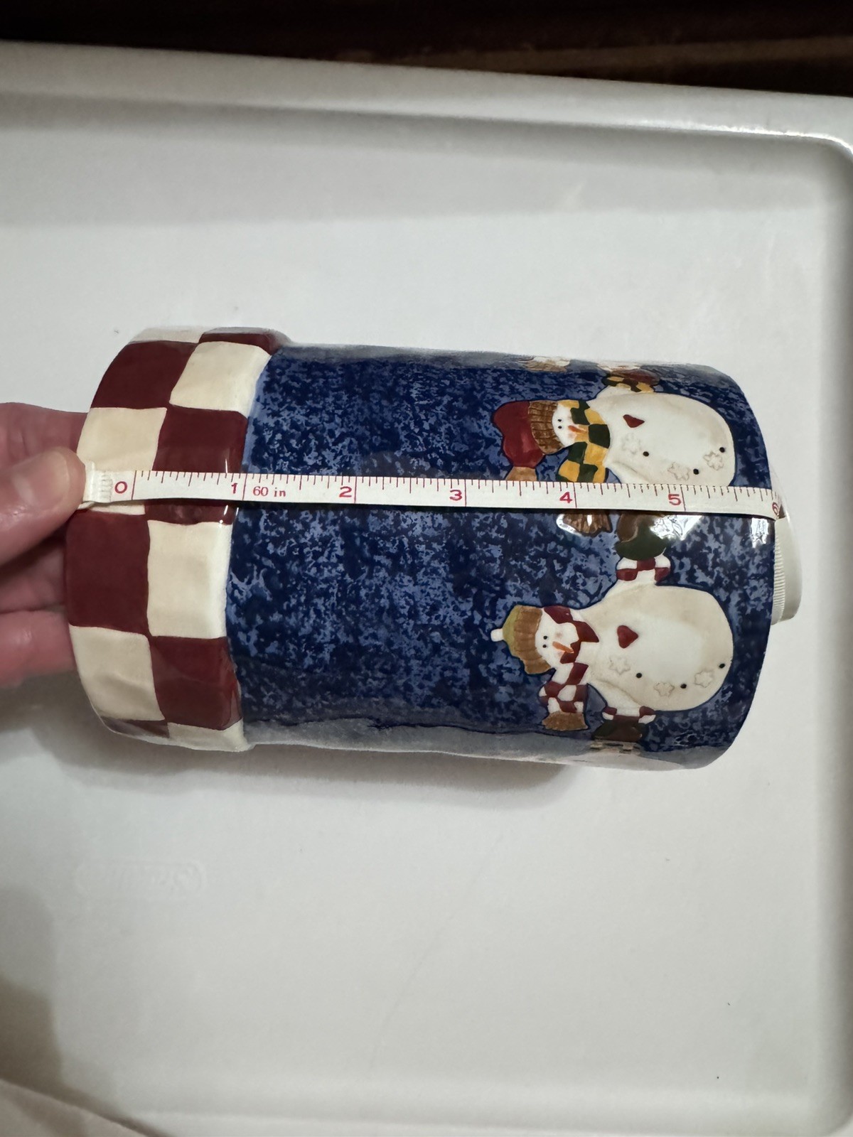 Boyds Collection Snowmen Burt’s Bundle Up Utensil Crock 2000 Shiny Blue Ceramic