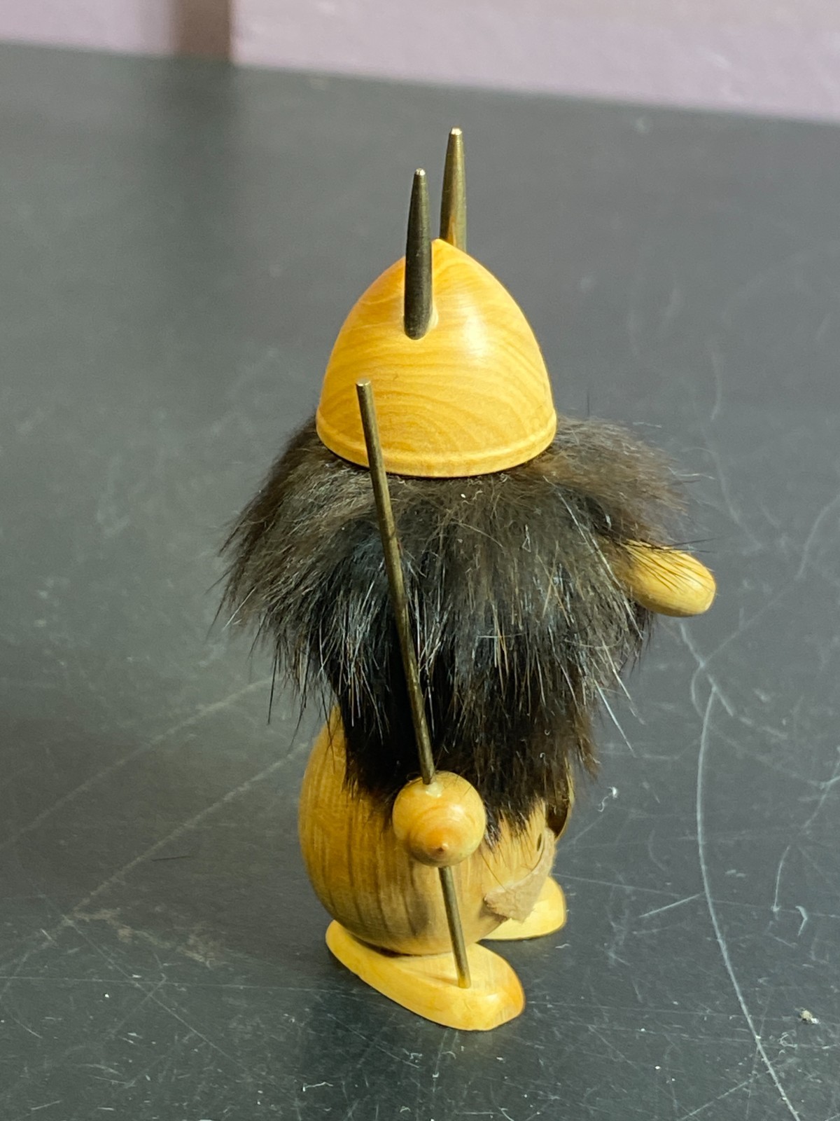 Goula Spain Viking Warrior Teak Wood Fur Hair Spear Shield Helmet Figurine