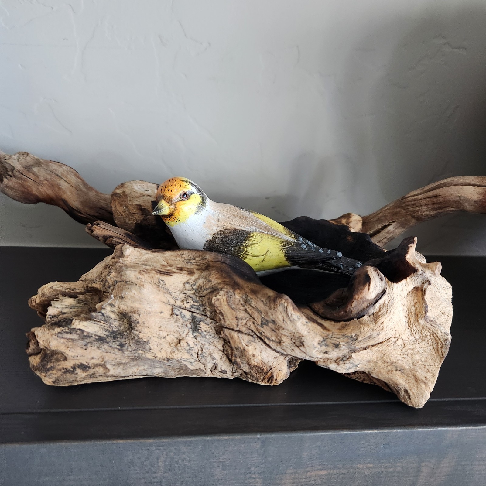 Vintage Burnt Driftwood Original w/Handpainted European Goldfinch Song Bird