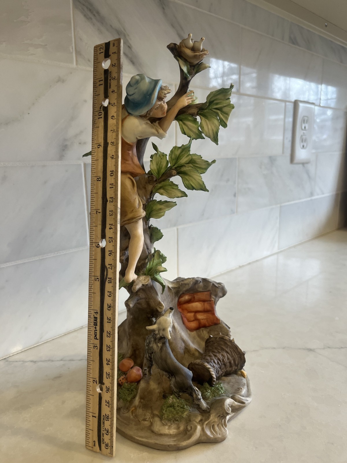 Italian Porcelain Figurine Boy Tree Wolf Capodimonte Style Large Ethan Allen
