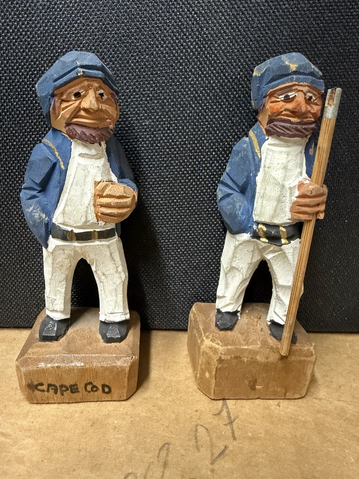 2 Hand-Carved Wooden Fisherman Figurine — 4 1/8” Tall