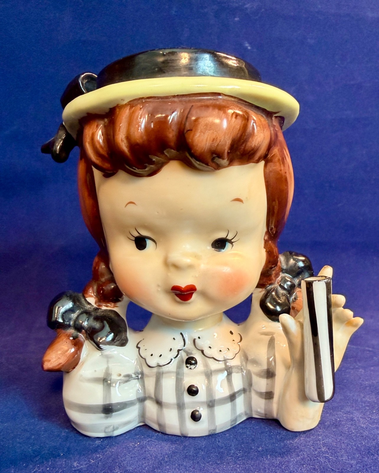 Vintage 1950s Napco Country Girl Head Vase Grey Plaid Dress Japan No Umbrella