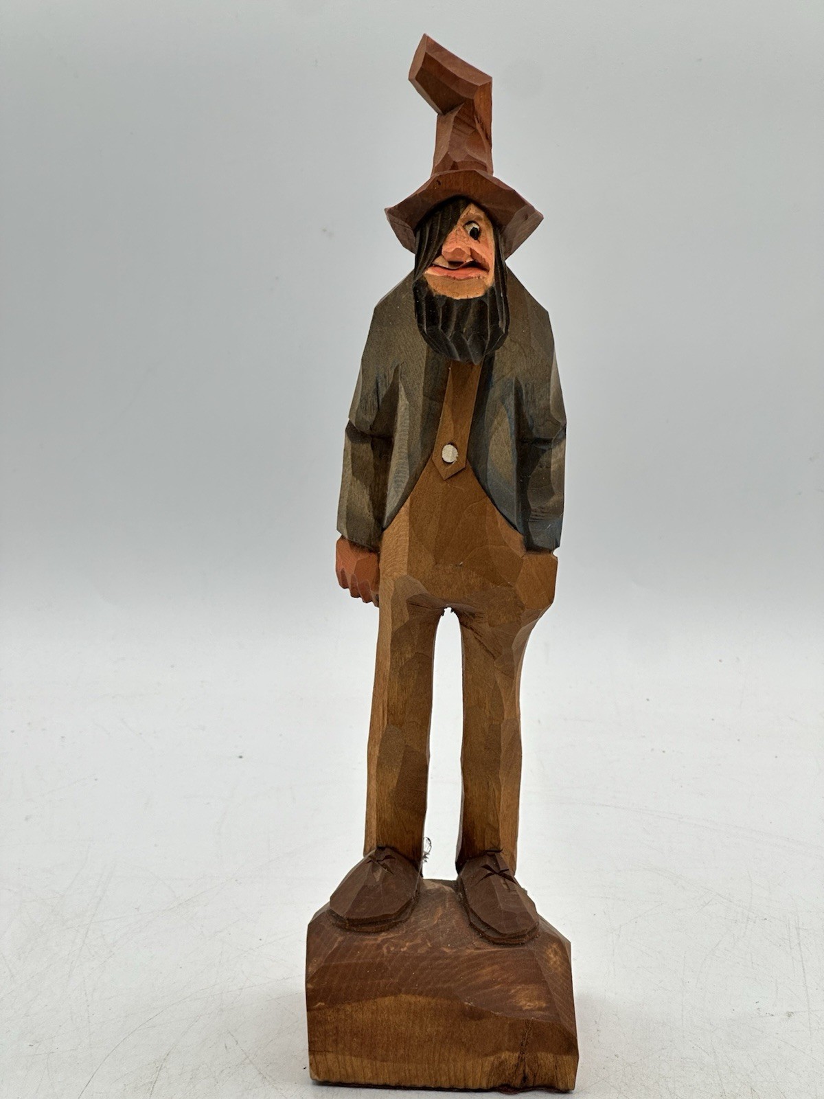David Rauch Wood Carved Hillbilly Man Overalls Beard Crooked Hat Signed 10.25”