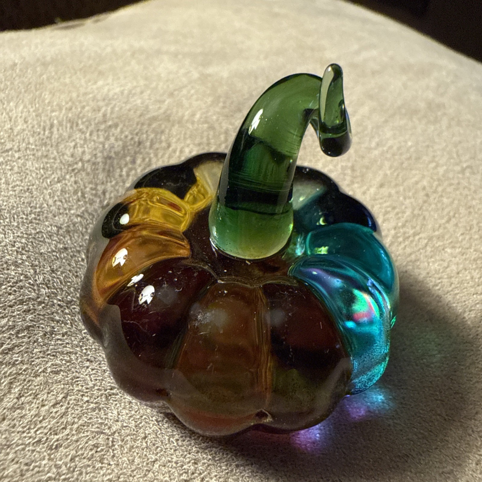 Adorable Handcrafted Glass Multi Colored Pumpkin With Green Stem Figurine