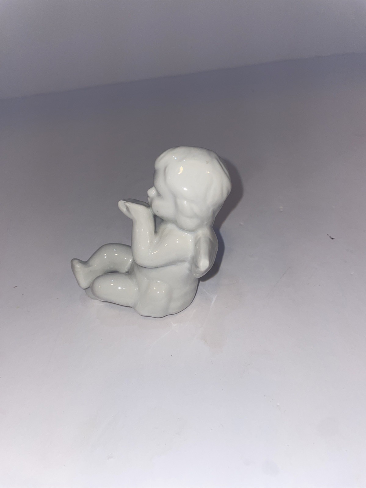 Vintage small Thinking Cherub Angel Figurine Ceramic White Seated Shelf Decor