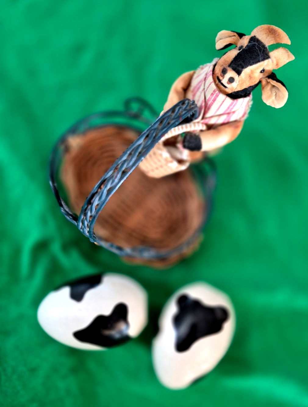 Vintage Cow Figurine Small Wire Basket Spotted Wood Eggs Easter Rustic Whimsical