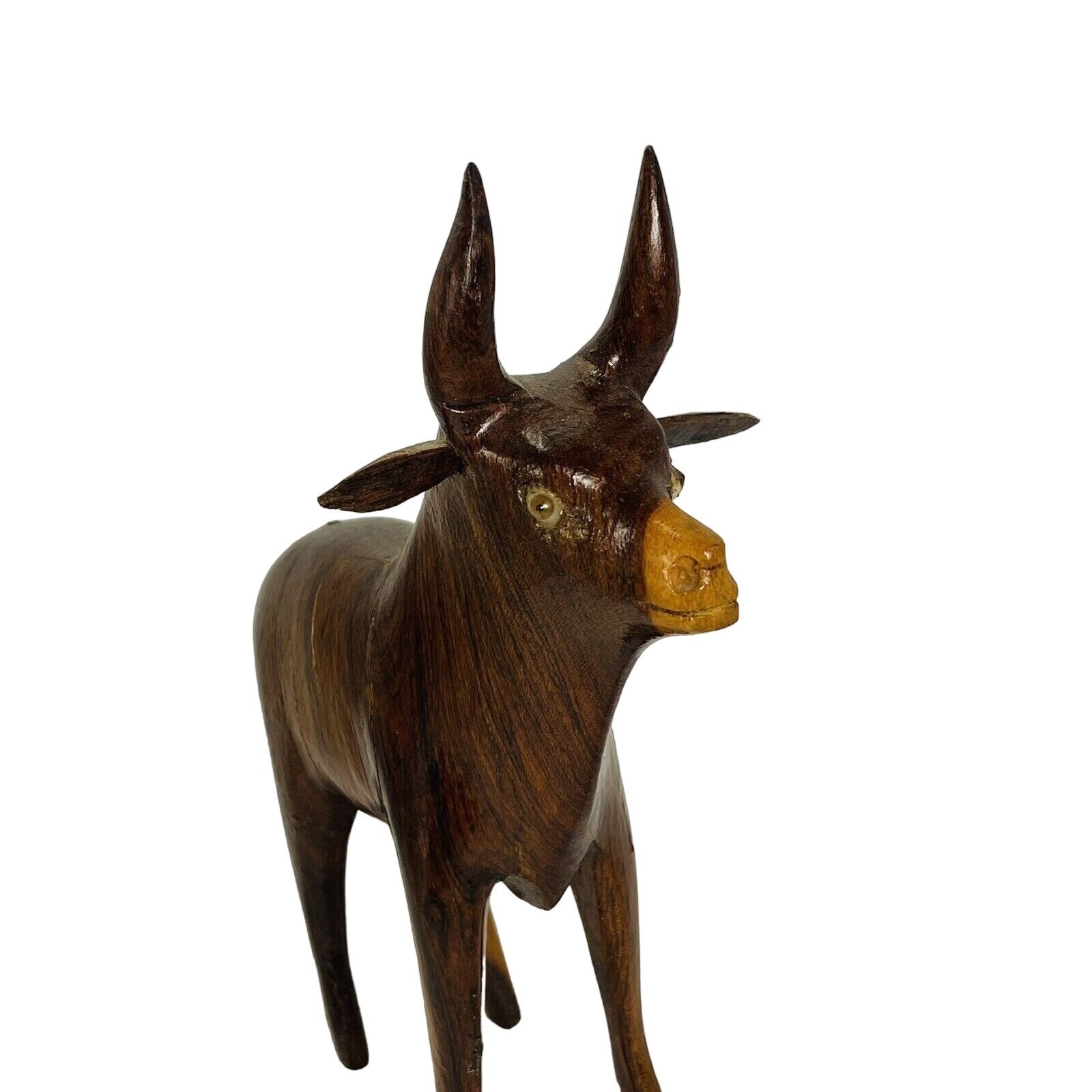 Wooden Bull 2 Tone Brown Vintage Hand Carved Wood Grain