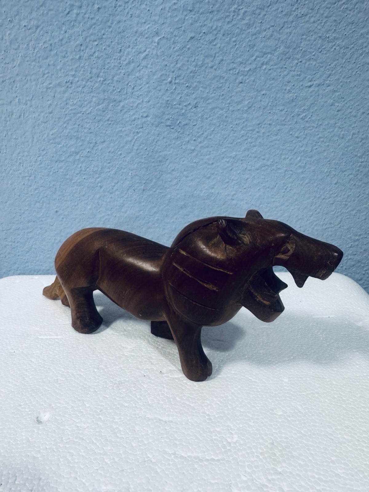 Vintage Hand-Carved Wood Lion Figurine 9” x 4” Figure Sculpture Jungle Decor