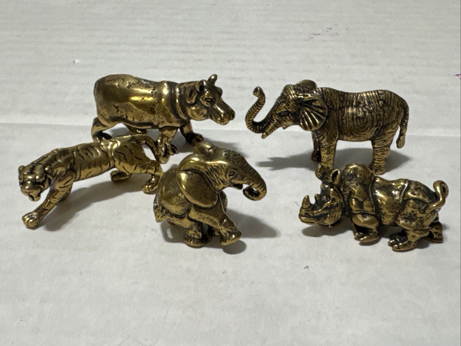 Solid Brass 5 Pcs African Safari Animals Elephant Rhino Tiger Hippo