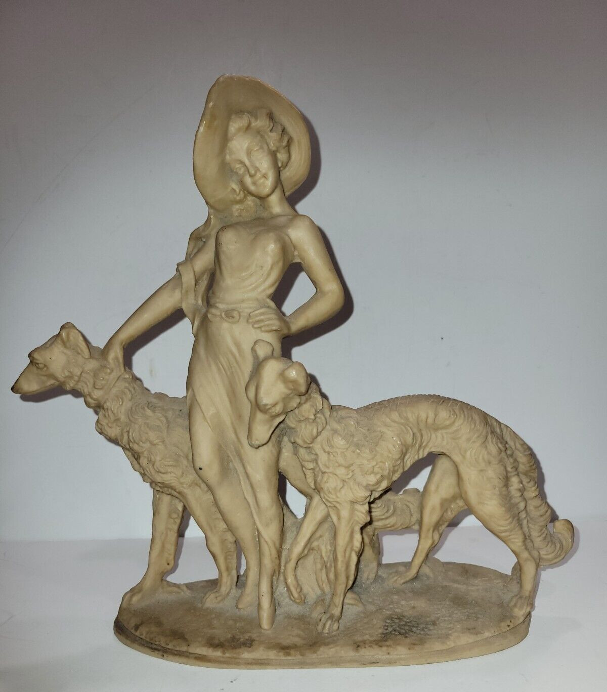 11.25″ Art Deco Resin Statue Lady in a Hat w/2 Wolfhound Borzoi Dogs 1920s Style