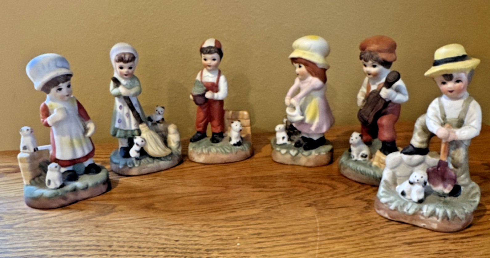 Vintage Figurine Set of 3 Boys with Dogs and 3 Girls with Cats.
