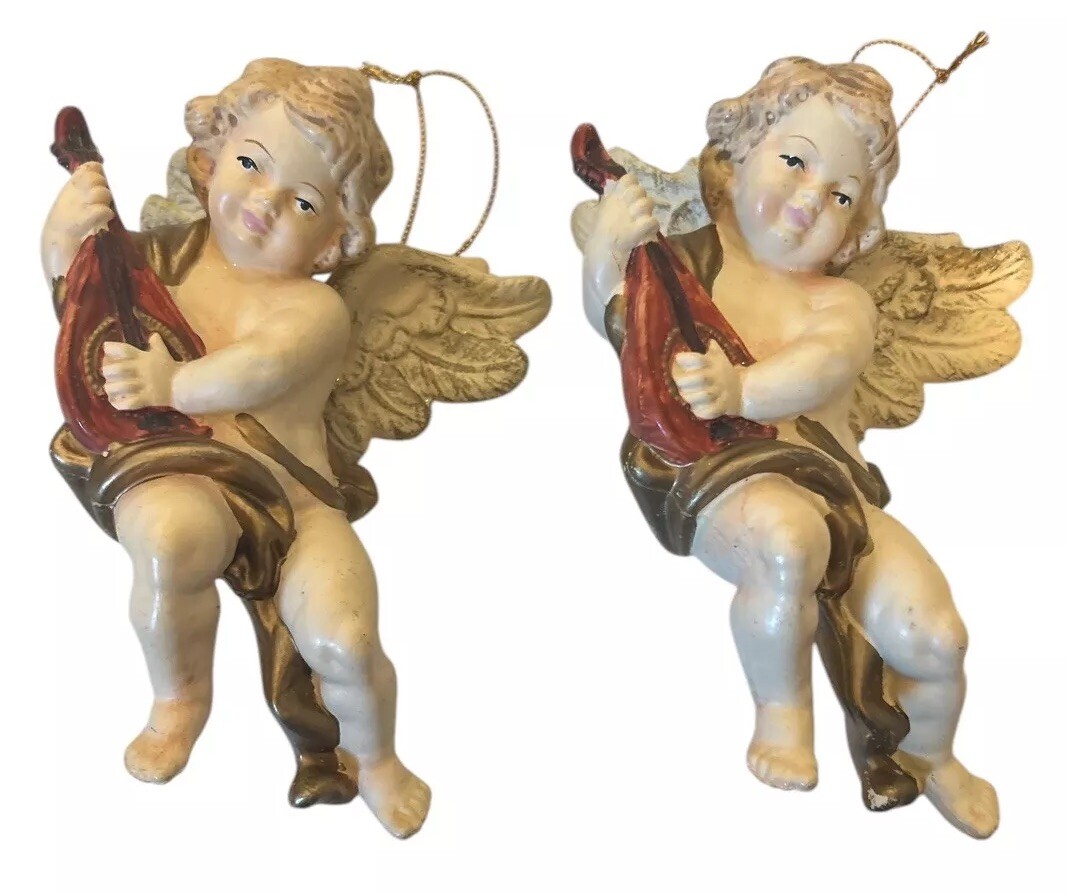 Vintage Italian cherub Christmas Ornaments painted plastic putti Approx 6” Tall