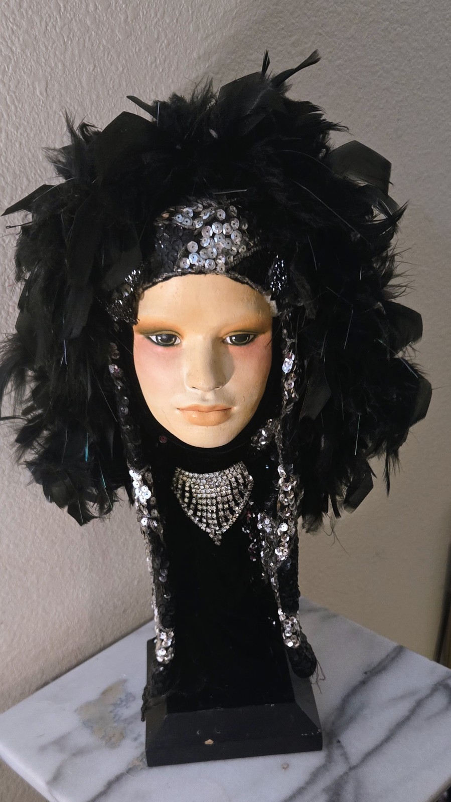 Black Silver Feather Fabric Masquerade Decorative Sequin face statue!