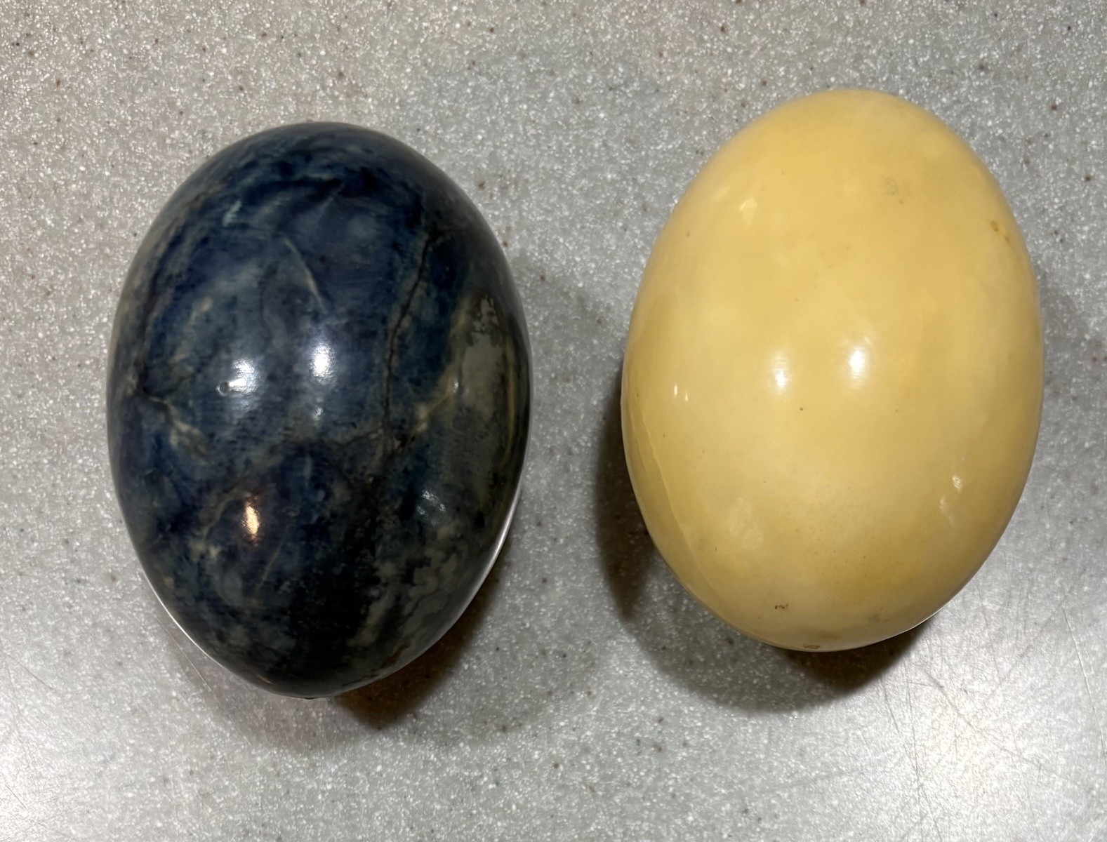 Vintage Hand Carved Marble Stone/Alabaster Eggs-Light Yellow & Variegated Blue.