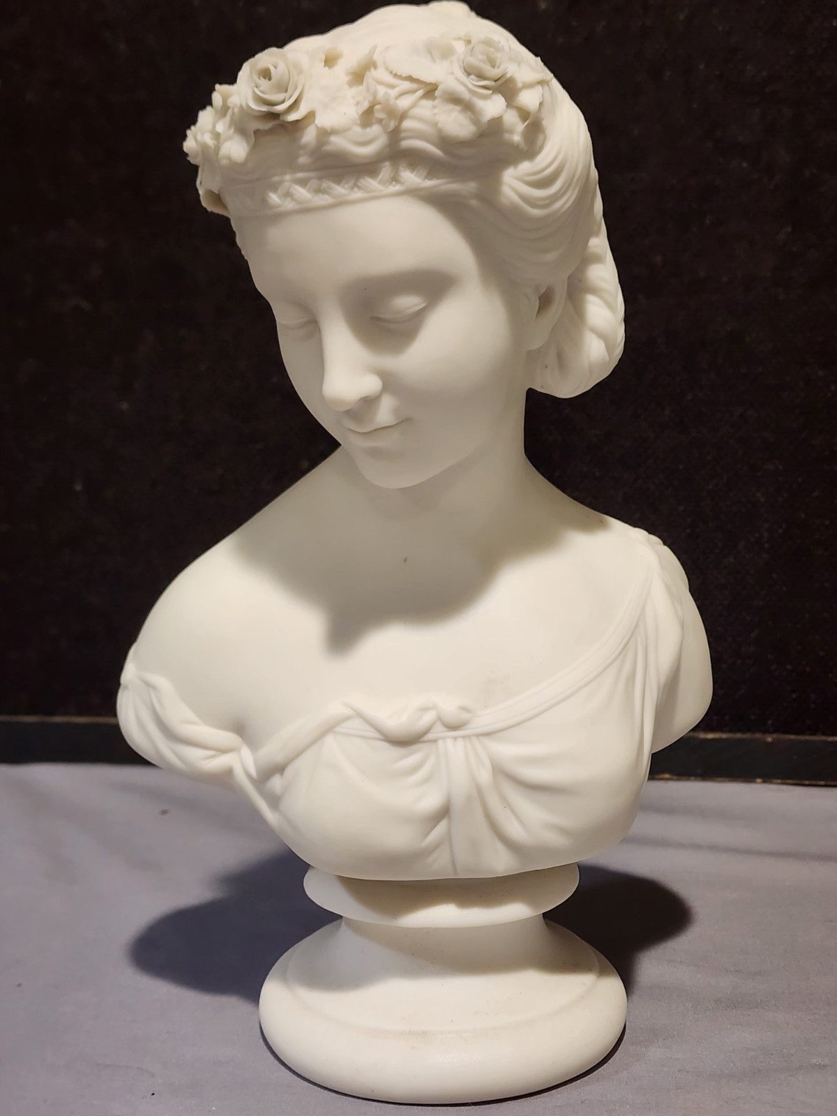 Antique Parian Ware 10.5″ Bolted Bust of Woman with Rose Garland in Hair