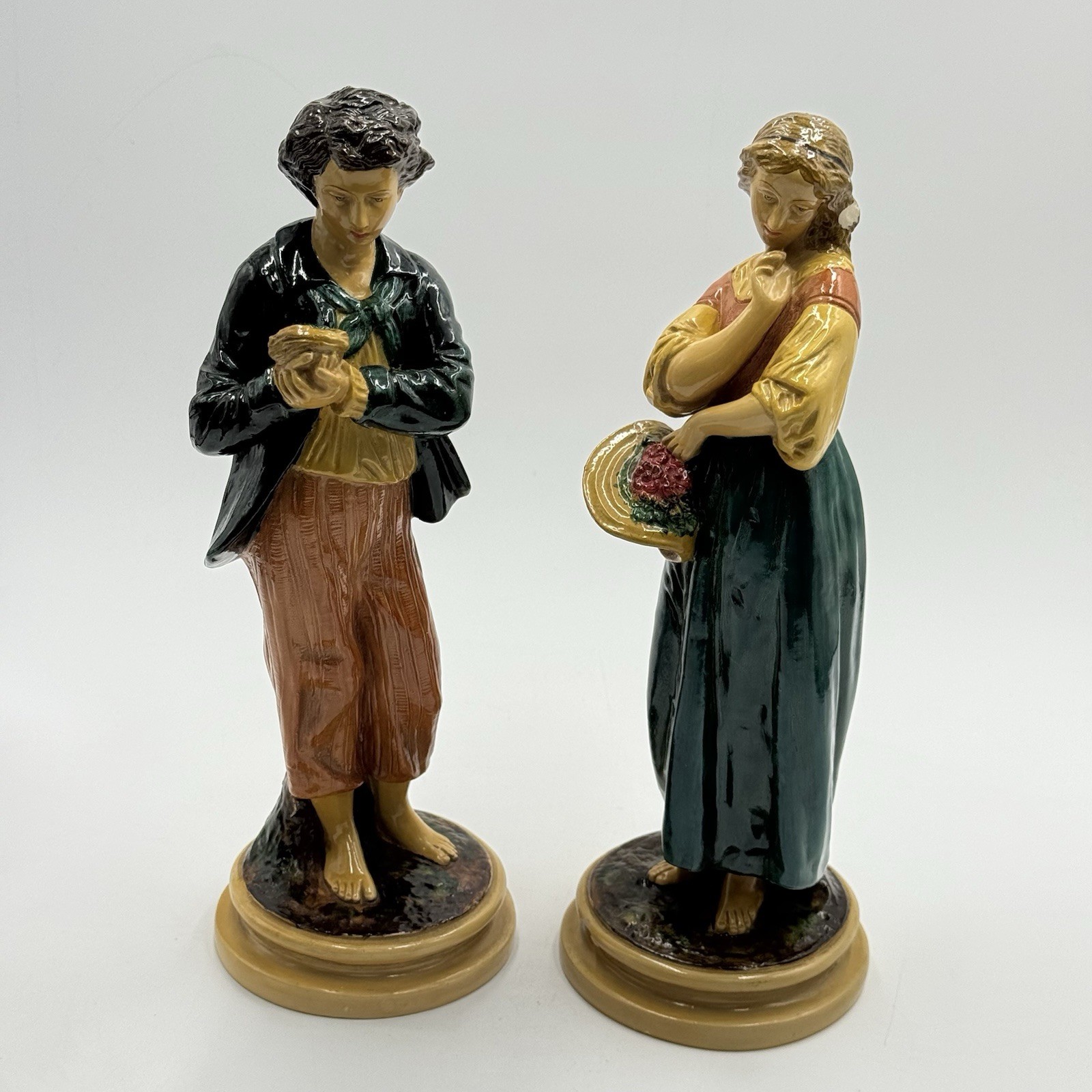 Borghese Chalkware Plaster Vintage Figurines Boy Holding Bird Nest Girl W/ Hat