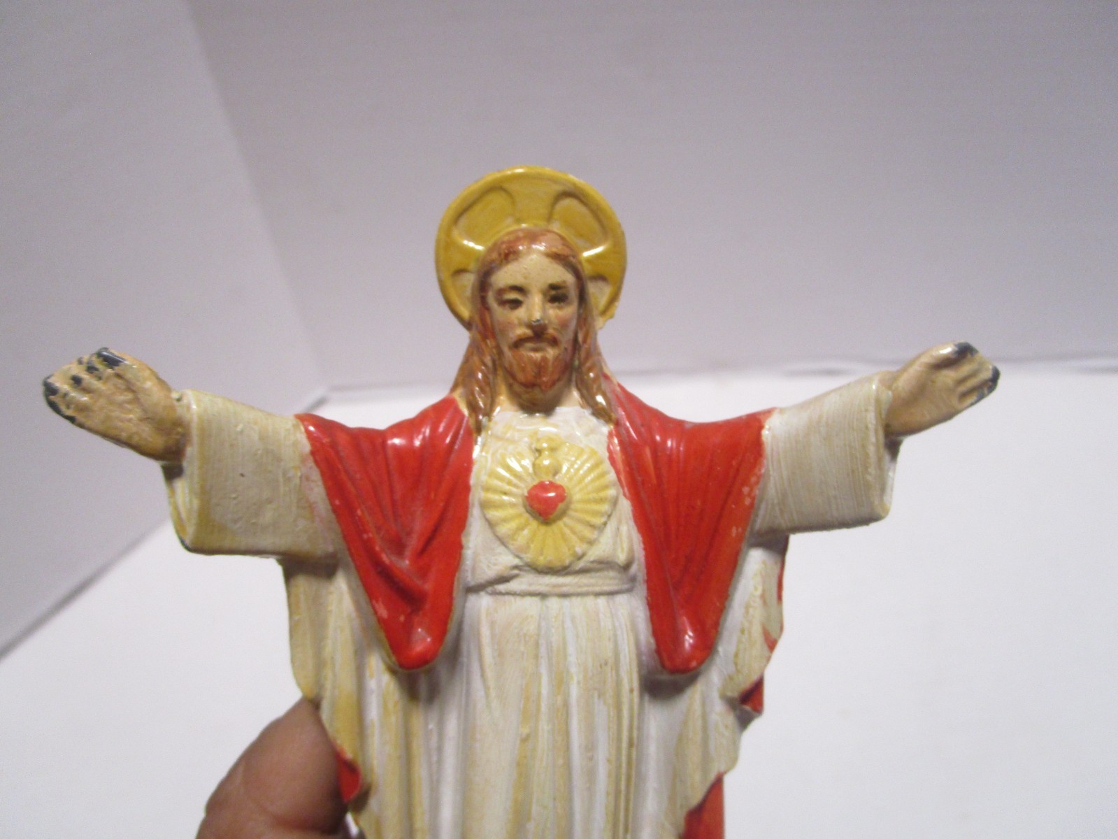 Antique Cast Spelter Metal JESUS Sacred Heart Figurine open arms 5.5” t 1900s