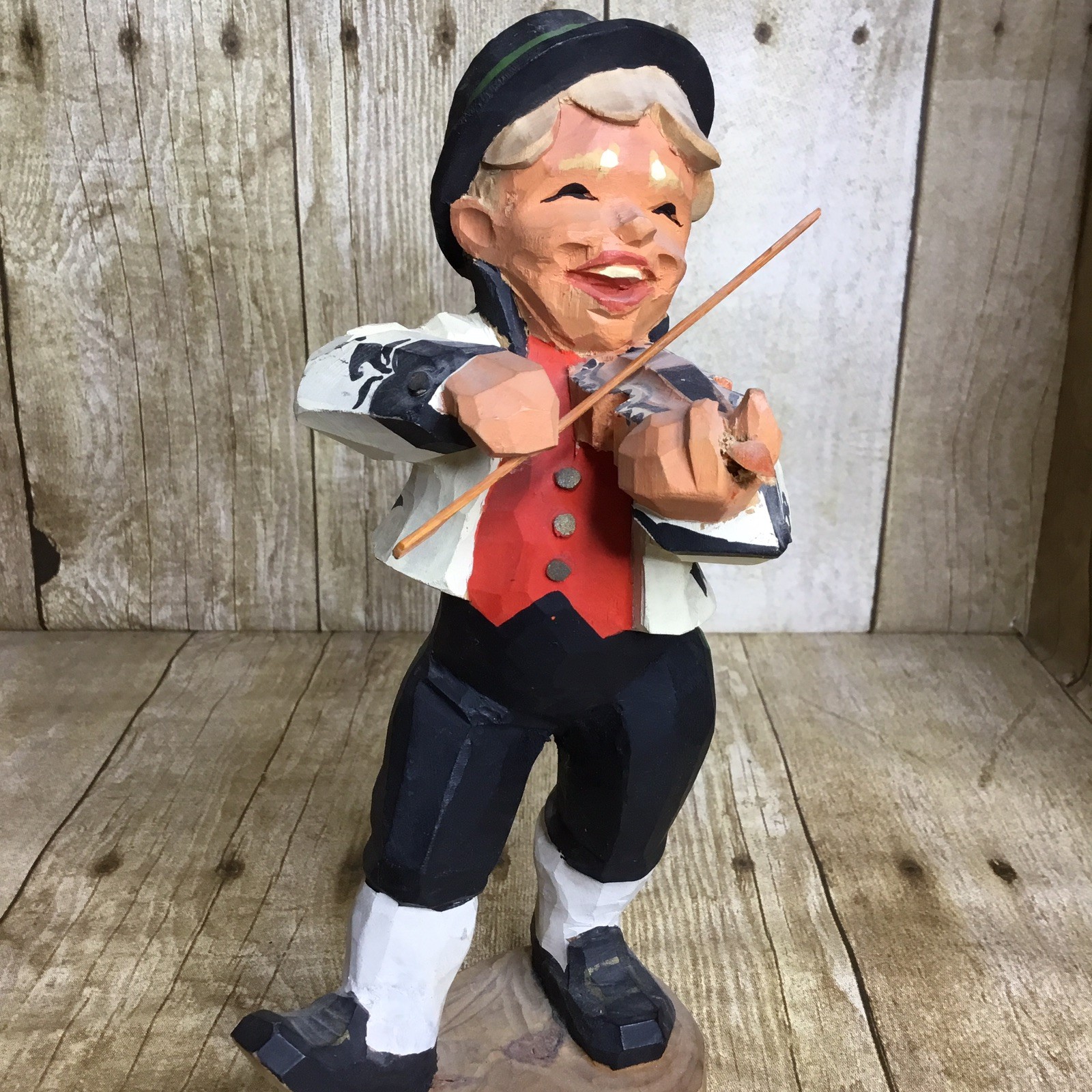 Vintage Henning Carved Wood Fiddler Boy Violin Figurine Norway Folk Art 8″