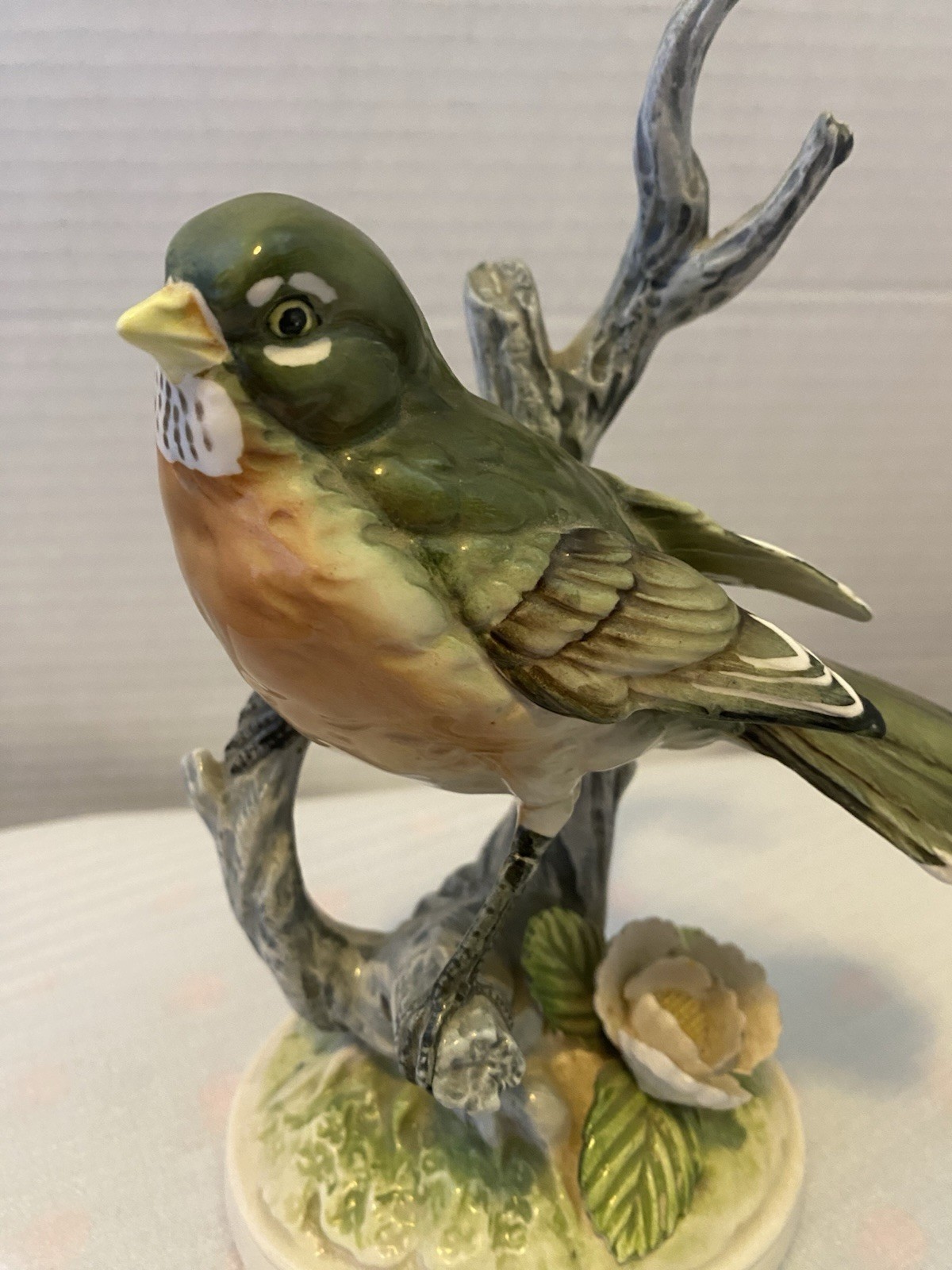 Unmarked Glazed Ceramic Robin On A Branch Figurine 7.5”