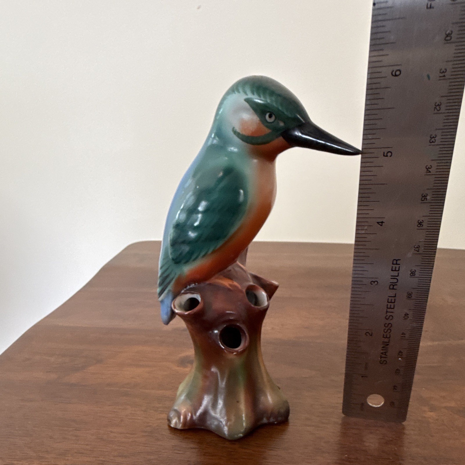 Hand Painted Ceramic Bird Figurine on Tree Stump Glossy 6.25in Signed “H”