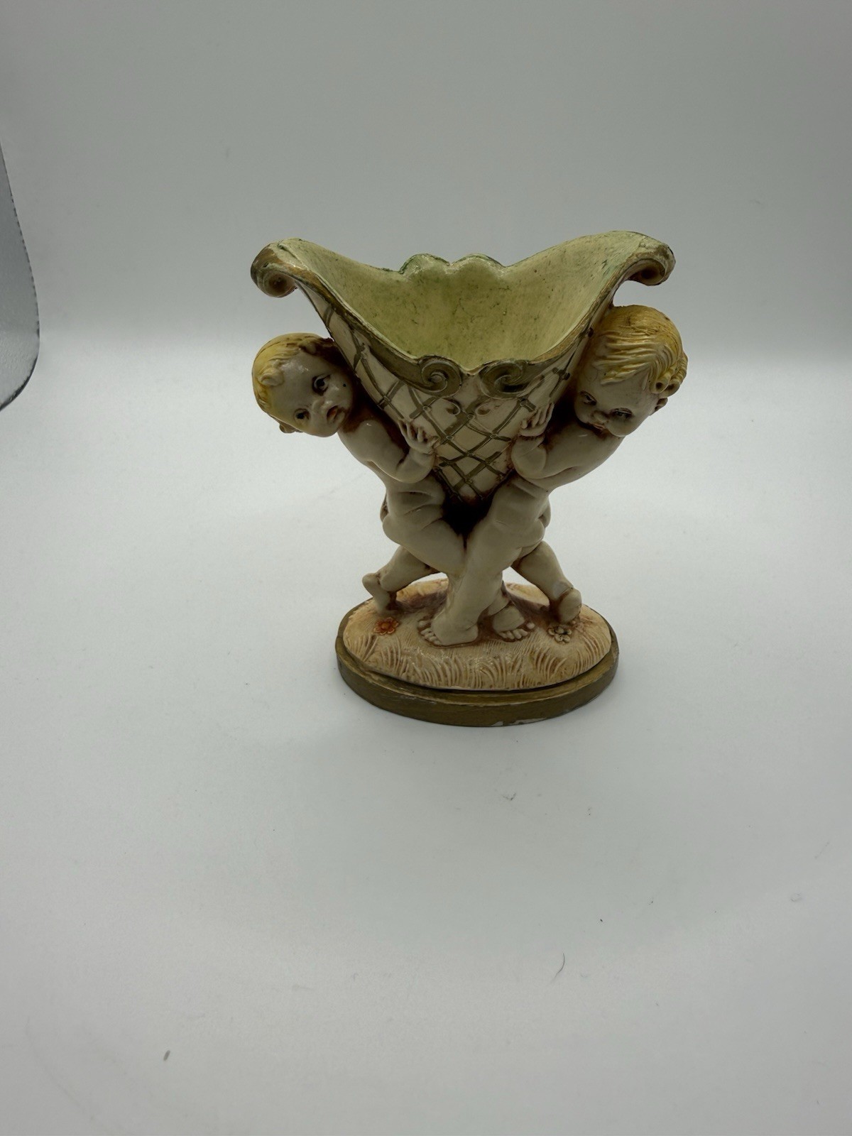Ceramic Cherub Figurine Vase Baroque/Rococo Style Beige Yellow Green Small