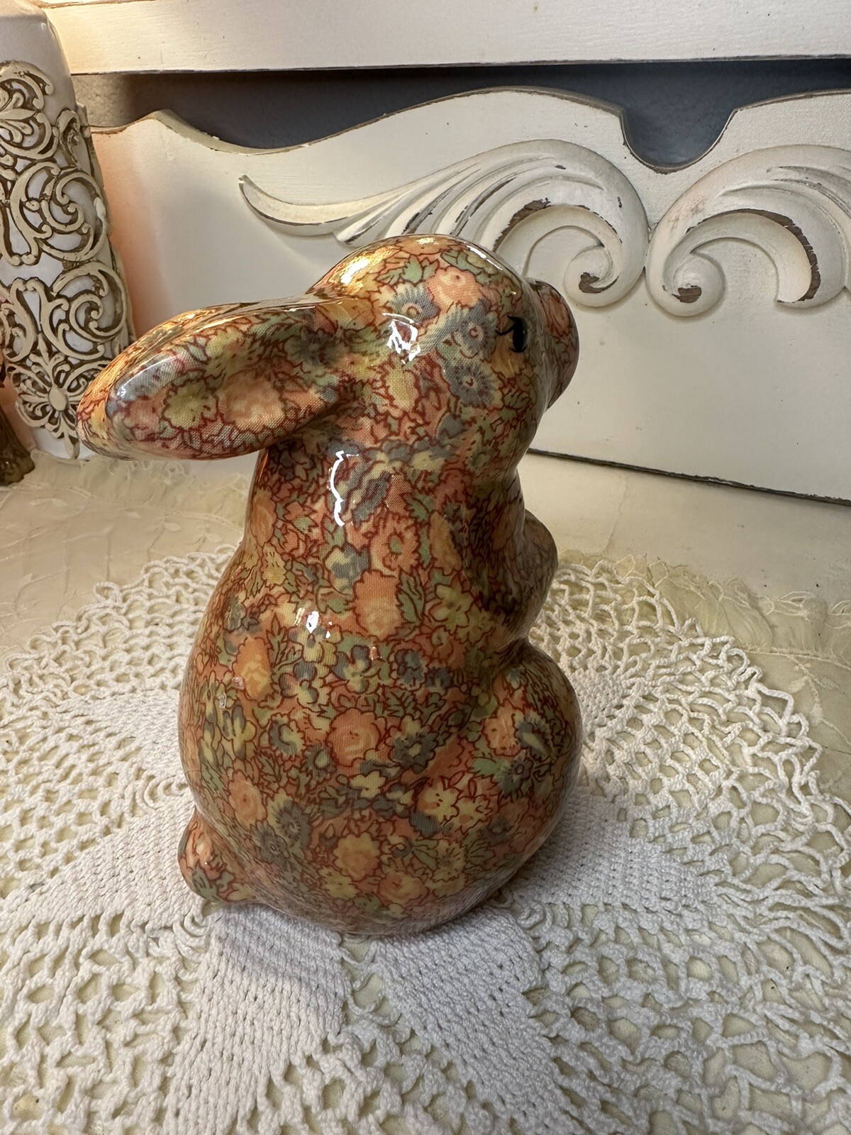 Vintage Decoupage Glazed Floral Bunny Rabbit Figurine