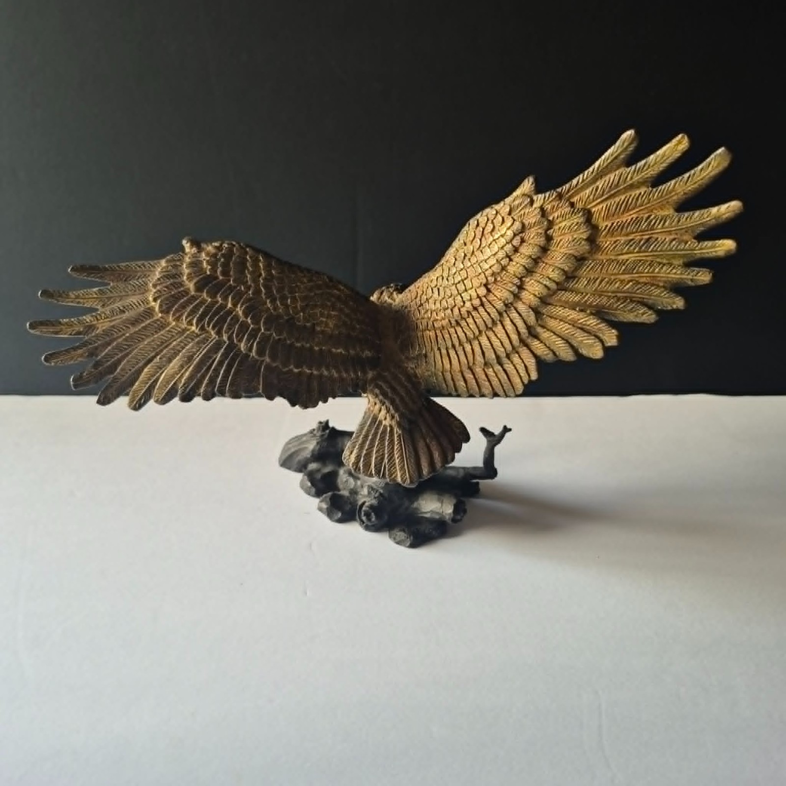 Solid Bronze Eagle Sculpture Hunting/Launching From Branch 8″ Heavy 3 lbs Patina