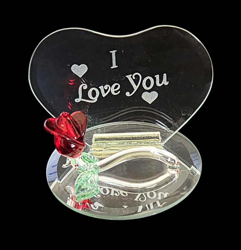 Clear Glass Heart With Crystal Single Stem Red Rose On Mirror Base Figurine