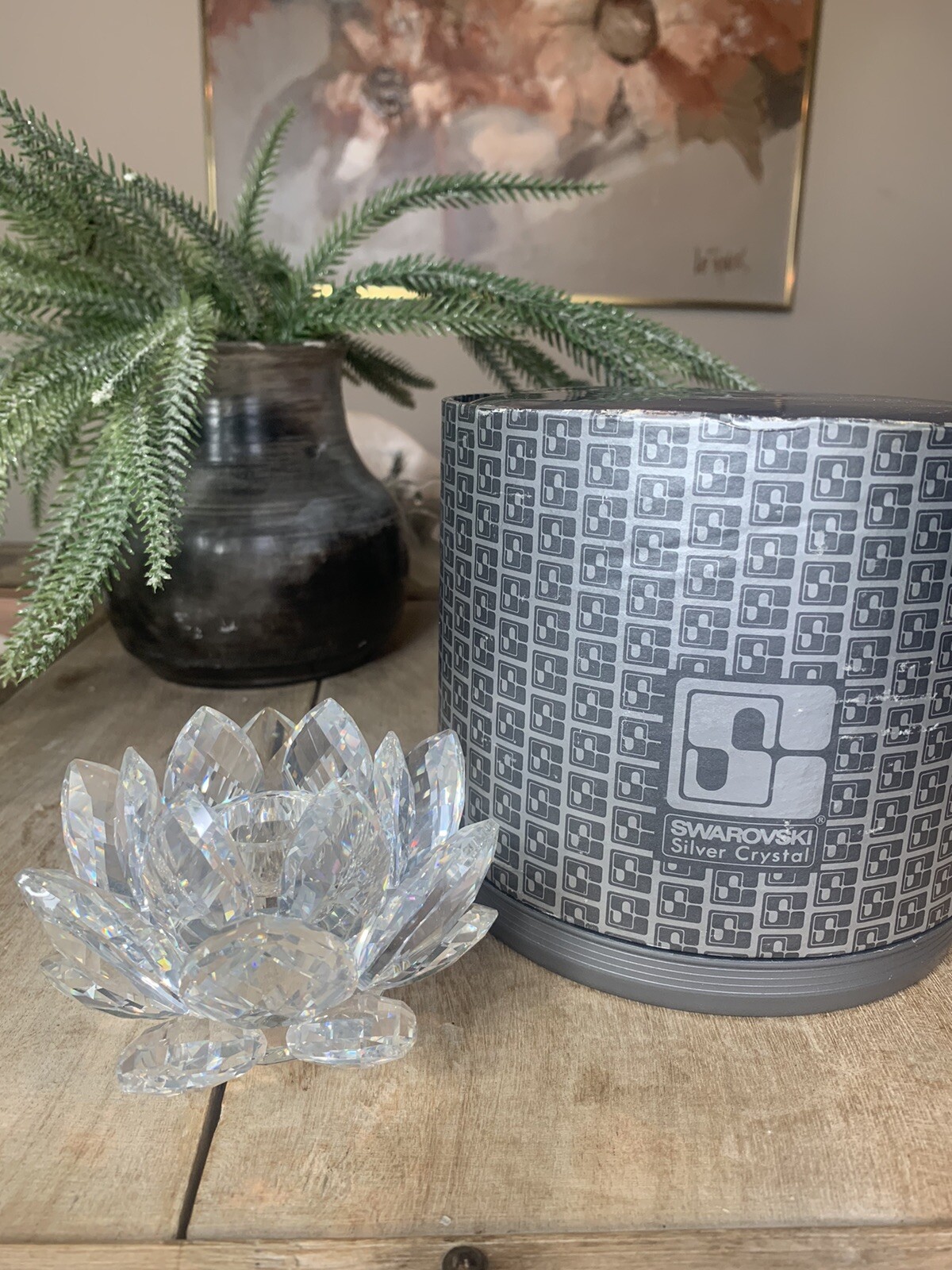 Vintage Swarovski Crystal Candle Holder Medium Waterlily With Original Box