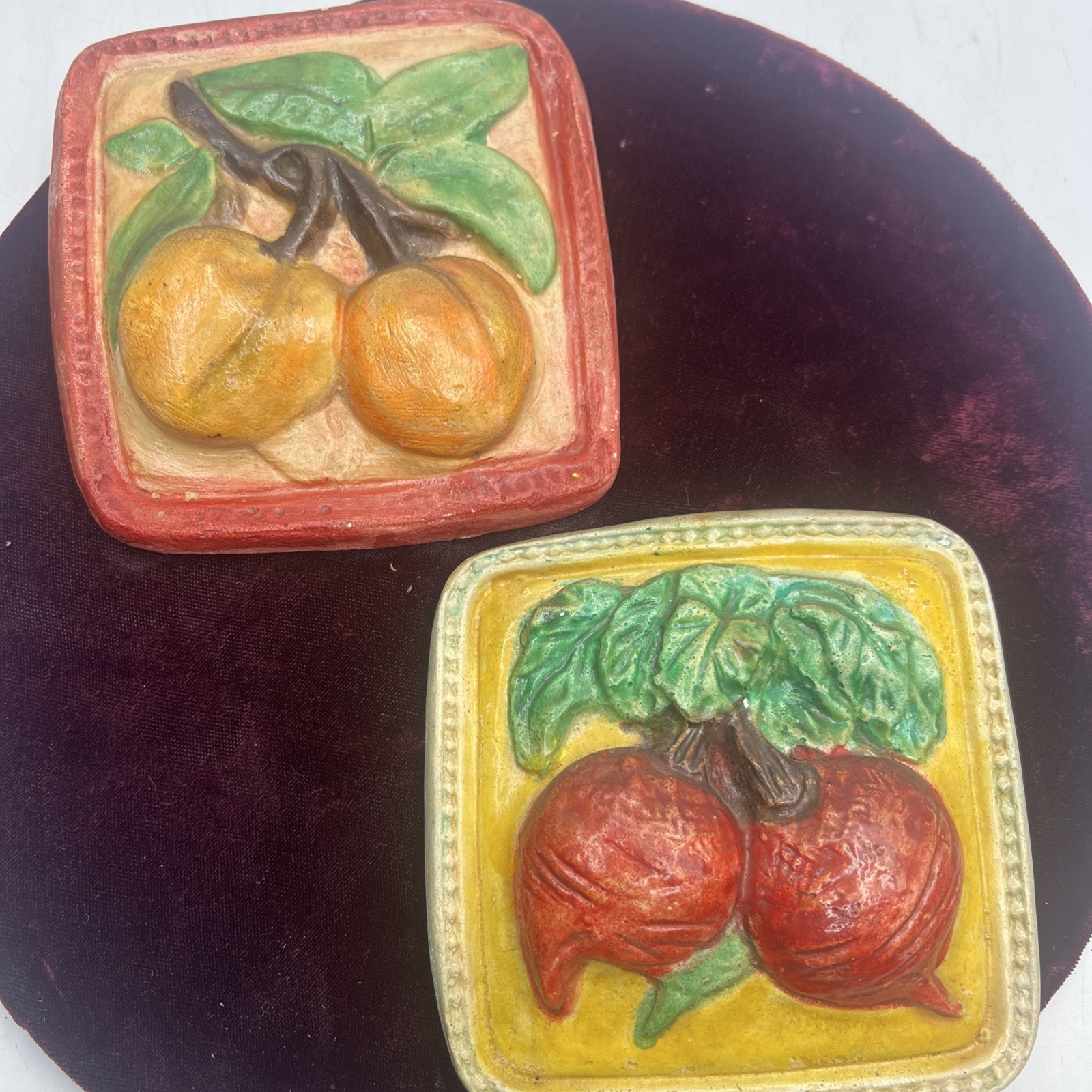 Vintage Chalkware Fruit Wall Plaques Peaches Beets Oranges Tiles