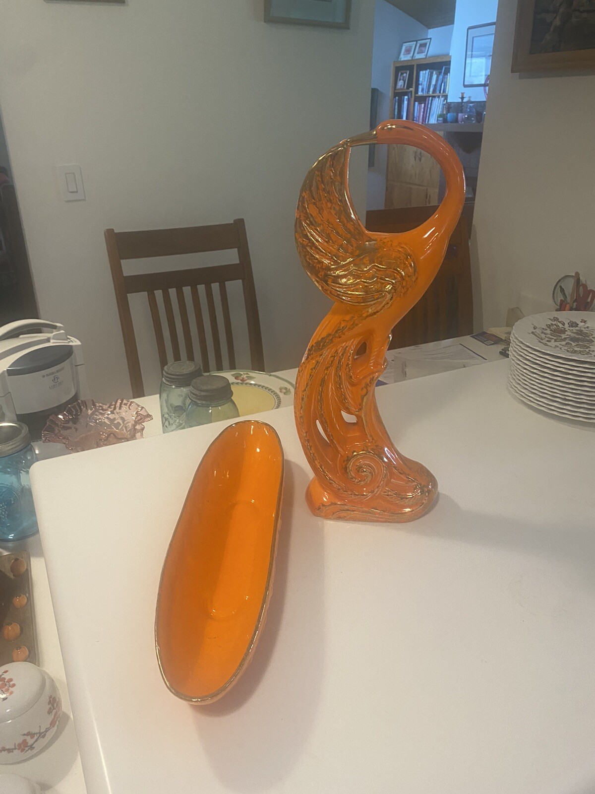 LARGE Vintage Mid Century Modern Orange Gold Ceramic Peacock Statue & Dish CALIF