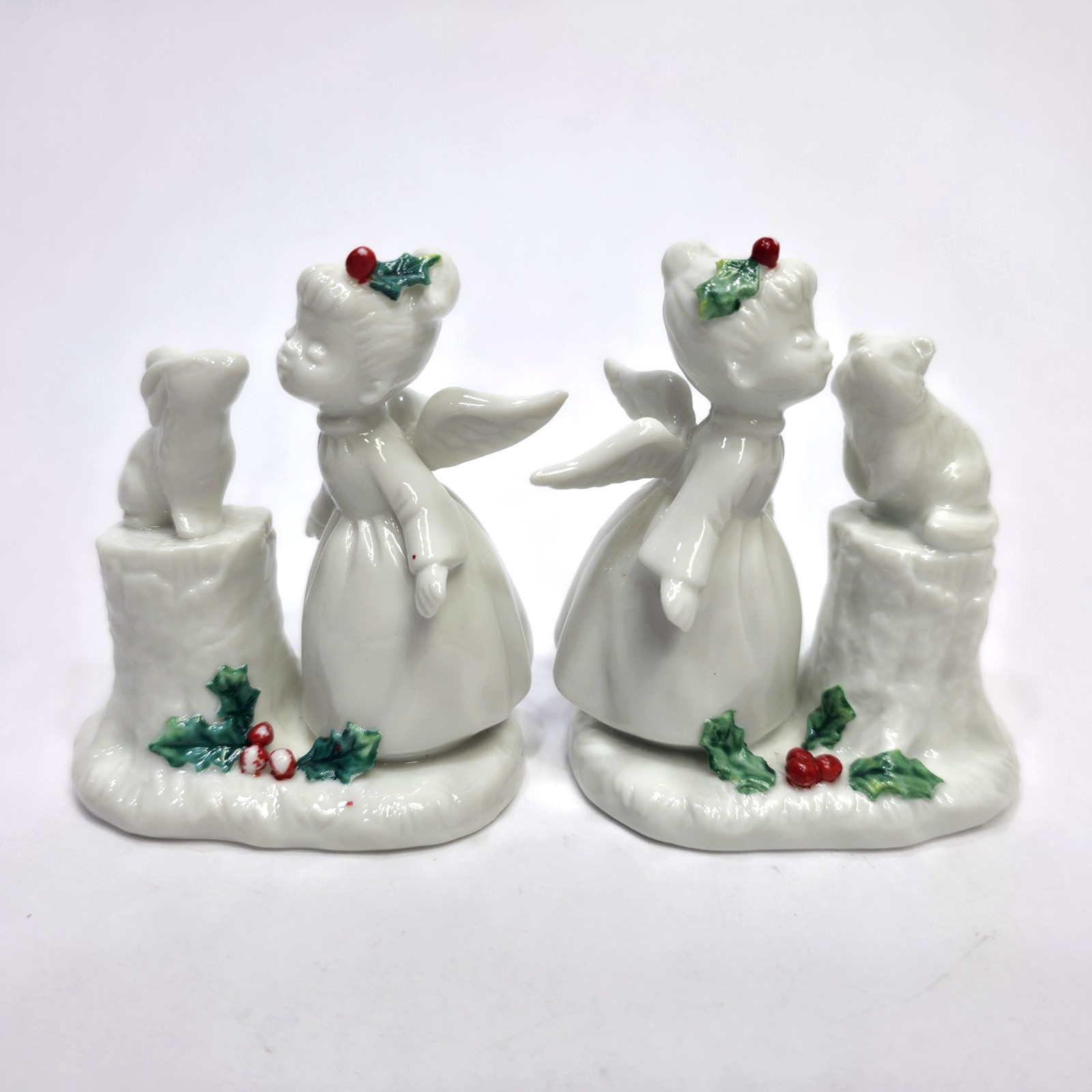 2 Vtg Enesco Christmas Angel Figurines With Raccoon & Rabbit, Holly, Porcelain