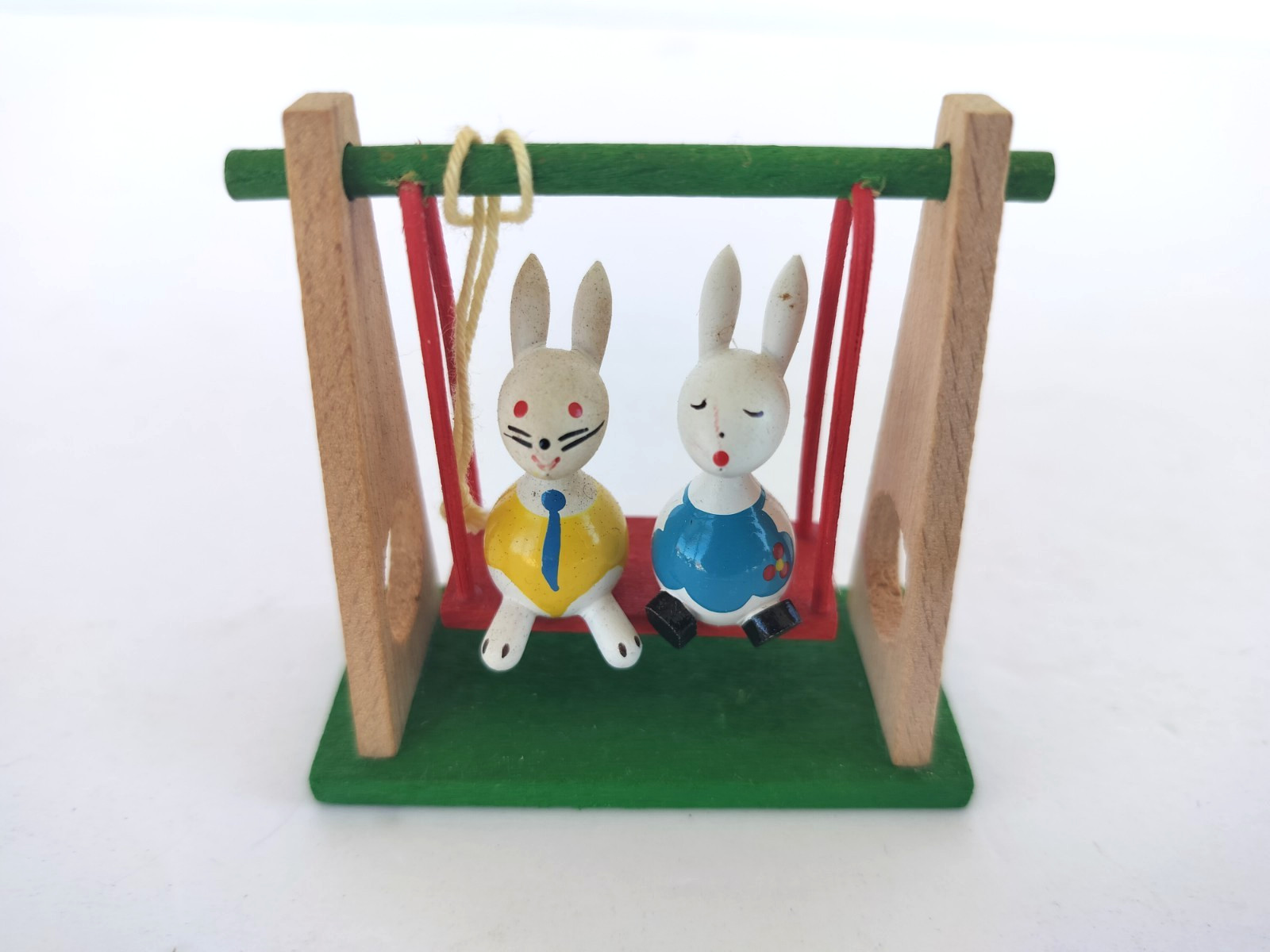 Vtg Goula Spain Wooden Easter Bunny Ornament Swing Hand Painted